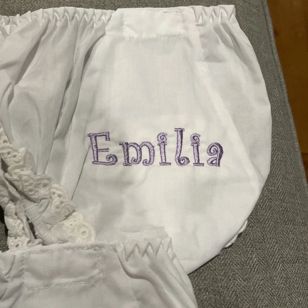 Monogrammed Emilia Baby Bloomers Size 2 +4 White Lace Trim, Set Of 8, New